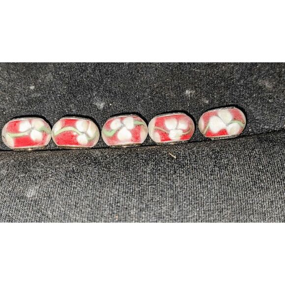 NEW SET OF 5 PANDORA MATTE RED & WHITE MURANO GLASS BEADS - BEAUTIFUL - Picture 2 of 2